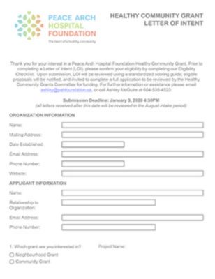 HEALTHY COMMUNITY GRANT LETTER OF INTENT